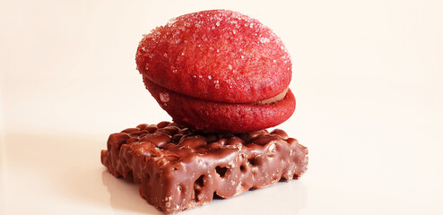 Red round cookies with chocolate and sugar on a square chocolate. Isolated, panorama.