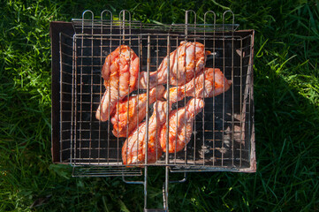 Naklejka premium Chicken meat cooked on fire. Grilled meat. Cooking at backyard. Food. Fried meat. Food background. Chicken legs. Green grass