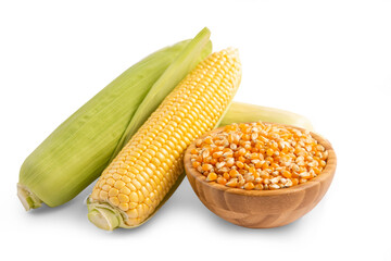 Fresh Corn with leaves and Corn kernels isolated on white background, save with clipping path