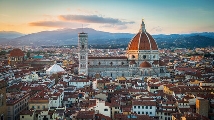 Fototapeta na wymiar Florence sunset city skyline with Cathedral and bell tower Duomo. Florence, Italy.