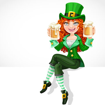 Beautiful red-haired girl leprechaun sitting on the banner white