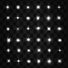 Glow isolated white transparent light effect set, lens flare, explosion, glitter, line, sun flash, spark and stars. Abstract special effect element design.
