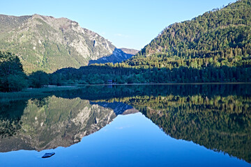 tranquil lake reflection landscape wood sky