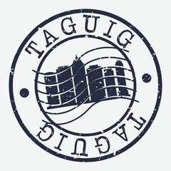 Taguig, Metro Manila, Philippines Stamp Postal. Building Silhouette Seal. Passport Round Design. Famous Monument Vector Icon Retro Travel Design.