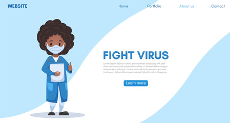 Fight against covid-19 coronavirus. Medic protects people from the epidemic concept. Stop epidemic. Black African doctor. Vector flat cartoon illustration
