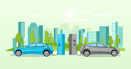 Alternative fuel concept with electric cars charging at charging points in front of a cityscape with skyscrapers, colored vector illustration