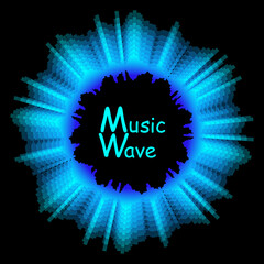 Round sound wave colorful music poster. Digital technology illustration. Vector abstract background with dynamic fading away waves, line and particles