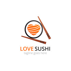 Love sushi logo. Roll with tuna in heart shape and chopsticks. Vector flat logotype design