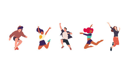 Fototapeta na wymiar Happy jumping people flat vector illustration. Cheerful corporate employees cartoon characters set. Young male and female people in casual clothes isolated clipart. Diverse group of people.