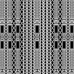 Black and white greek borders seamless pattern. Ornamental vector modern background. Repeat striped tribal ethnic backdrop. Greek key meanders border ornament with knitted lines, twisted ropes, chain