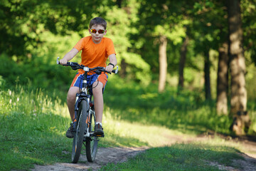 Smiling boy on a bicycle riding in the park