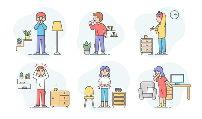 Concept Of Health Care And Infect By Virus Infections. Set Of Sick Characters With Different Symptoms. People Catched Cold, Have Stomach And Headache. Cartoon Linear Outline Flat Vector Illustration