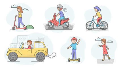 Concept Of Active Leisure And Environmental Modes of Transport. Characters Use Different Types Of Transport. Set Of People Ride And Have Fun. Cartoon Linear Outline Flat Style. Vector Illustration