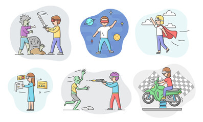 Concept Of Virtual Reality Games. Set Of People In Goggles Play Real Time VR Games. Characters Imagine Themselves By Superheroes And Great Persons. Cartoon Linear Outline Flat Vector Illustration