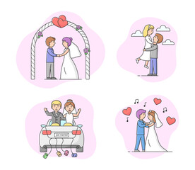 Concept Of Marriage Ceremony. Set Of Couples Grooms And Brides Enjoy Each Other. Just Married Men And Women Go On Honeymoon Trip, Spend Time Together. Cartoon Linear Outline Flat Vector Illustration