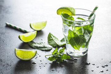 Cocktail with lime, mint and ice cubes.