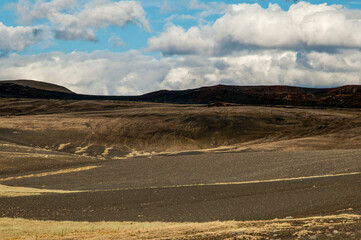 volcano landscape with cloudy sky at myvatn iceland
