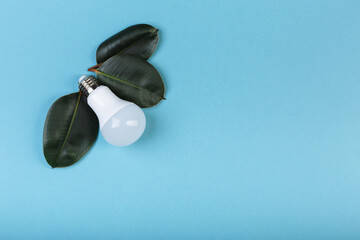 LED lamp with green leaf, ECO energy concept, Mixed media. Isolated, place for caption and text