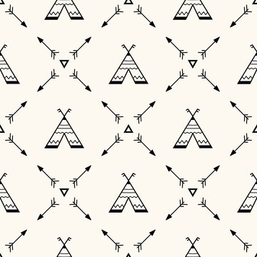 Vector seamless geometric pattern with wigwams, teepee, arrows and triangle shapes. Scandinavian style background for kids. Cute minimalistic native americans backdrop for prints, textile, fabric