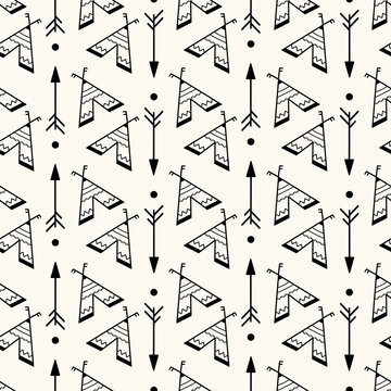 Vector seamless geometric pattern with wigwams, teepee and arrows. Scandinavian style background for kids. Cute minimalistic native americans backdrop for prints, textile, fabric, scrapbooking.