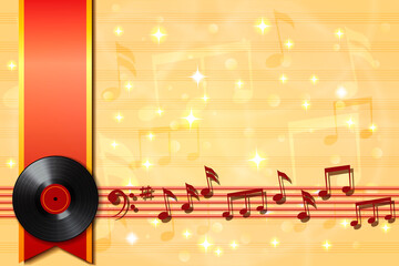 Music background with vinyl record, notes and red ribbon.