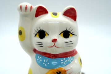 Japanese white Maneki Neko lucky cat bank close-up head