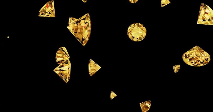 3d render with falling gold diamonds on a dark background