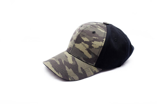 Men's two-tone cap on a white background. The baseball cap is black at the back, front and visor of the military workshop, khaki camouflage. Men's black 