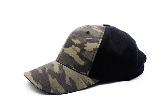 Men's two-tone cap on a white background. The baseball cap is black at the back, front and visor of the military workshop, khaki camouflage. Men's black 
