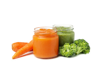 Glass jars with healthy baby food isolated on white background