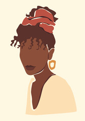 African black skin woman portrait illustration. Abstract minimalistic summer wall poster.