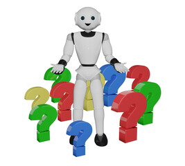 humanoider roboter steht in bunten Fragezeichen. 3d rendering