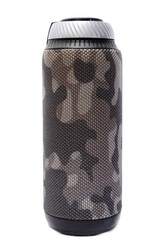 Wireless bluetooth color camouflage military column on a white background. The speaker is upright, the volume wheel and the control panel are on top