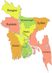 Pastel Colored Labeled Divisions Map of Asian Country of Bangladesh