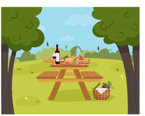 Wooden picnic table with benches on park background. Summer picnic with wine, basket, food, vegetables, fruits, sandwich. Vector illustration.