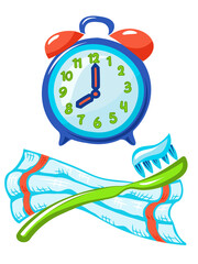 Alarm clock, a toothbrush with paste, towel. On a white background.