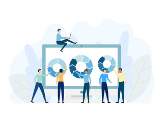 Small people character discussed business diagram data on a big computer. Vector illustration isolated on white. Business team working together.