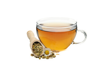 Glass cup of chamomile tea isolated on white background