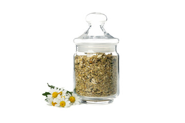 Glass jar with dried chamomile isolated on white background