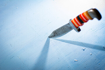 A hand-made metal knife is stuck in the blue wood.
