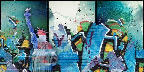 Modern art. Liberty statue in national colors. Pieces of graffiti © rolffimages