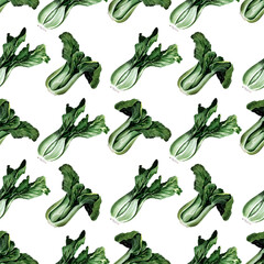 Watercolor seamless pattern with different types of cabbage. Brussels sprouts and Kale