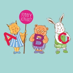 Funny alphabet with cartoon squirrel, bear and hare with letters ABC, hand-drawn.