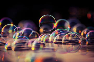 decorative space background with many sparkling iridescent soap bubbles float on the water and are...