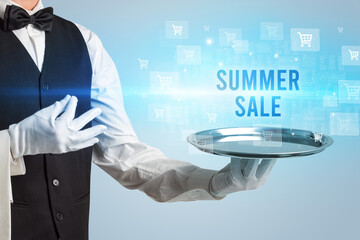 Waiter serving SUMMER SALE inscription, online shopping concept