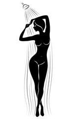 Silhouette of a cute young lady. The girl washes in the shower. The woman has a slim beautiful figure. Vector illustration