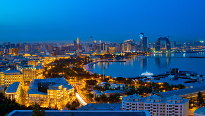 Baku city sea side evening view from upland park