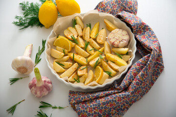 Potato with lemon and rosemary, healthy, healthy and beautiful food