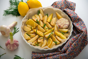 Potato with lemon and rosemary, healthy, healthy and beautiful food