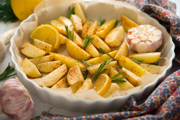 Potato with lemon and rosemary, healthy, healthy and beautiful food